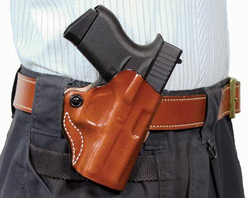 DESANTIS MINI SCABBARD HOLSTER – RH OWB LEATHER 1911 5″ TAN