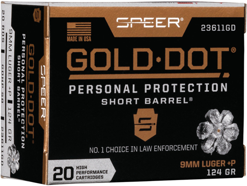 SPEER GOLD DOT SHORT BBL 9MM – LUGER +P 124GR GDHP 20RD 10B/C