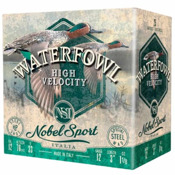 Nobel Sport Steel Waterfowl High Velocity Shotshells 12ga 3″ 1-1/8oz 1500 fps #2 25/ct
