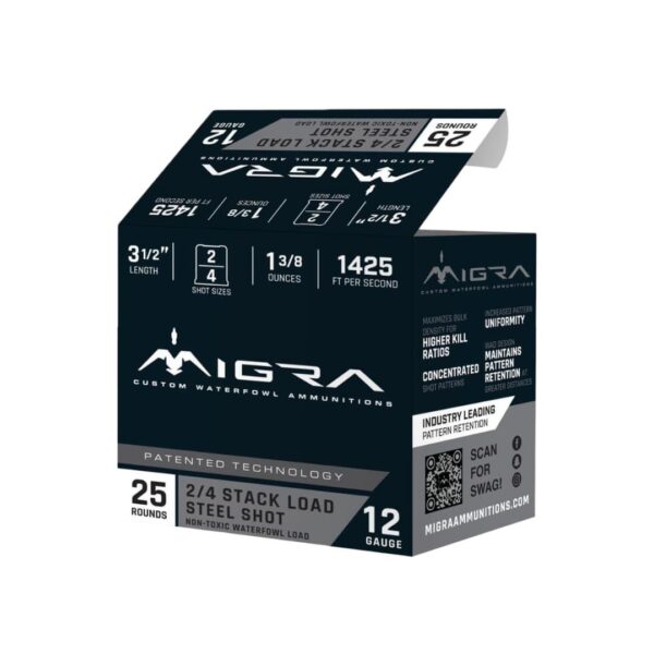 Migra Steel Waterfowl Stacked Shotshells 12ga 3.5″ 1-3/8oz 1425 fps #2 & #4 25/ct