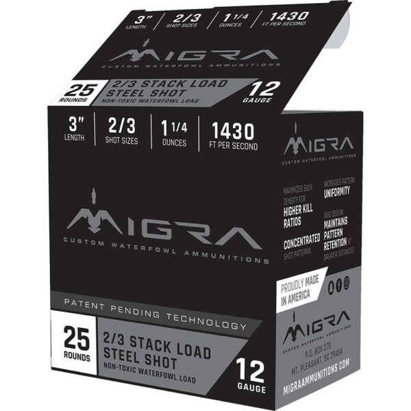 Migra Waterfowl Steel Shot Shot Shells 12 ga 3″ 1-1/4 oz #2#3 1430 fps 25/ct