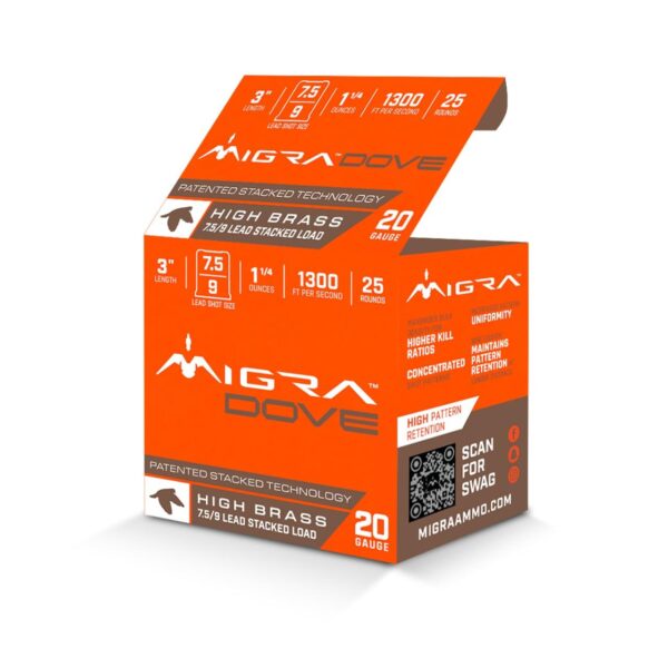 Migra Ultimate Dove Hi-Brass Lead Shotshells 20ga 3″ 1-1/4oz #7.5 & 9 Shot 25/ct