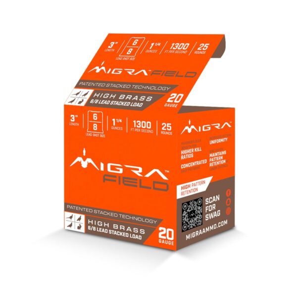 Migra Ultimate Field Hi-Brass Lead Stacked Shotshells 20ga 3″ 1-1/4 oz 1300 fps #6 & 8 Shot 25/ct