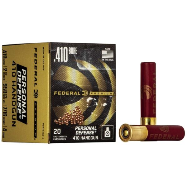 Federal Premium Personal Defense 410 Handgun Shotshell Ammunition – Judge .410 ga 2 1/2″  7/16 oz #4 950 fps – 20/box