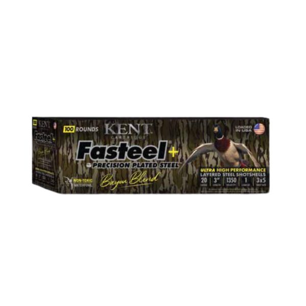 Kent Fasteel+ Precision Plated Steel Bayou Blend Shotshells 20ga 3″ 1oz 1350 fps #3 & #5 100/ct