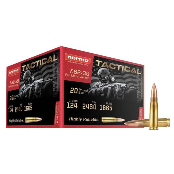 Norma Range & Training Rifle Ammunition 7.62×39 124gr FMJ 2430 fps 20/ct