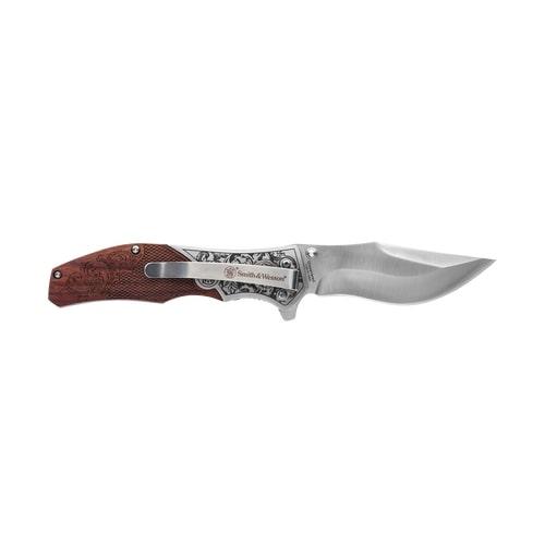 Smith & Wesson Unwavered Folding Knife 3-1/4″ Clip Point Blade Engraved Wood Blister