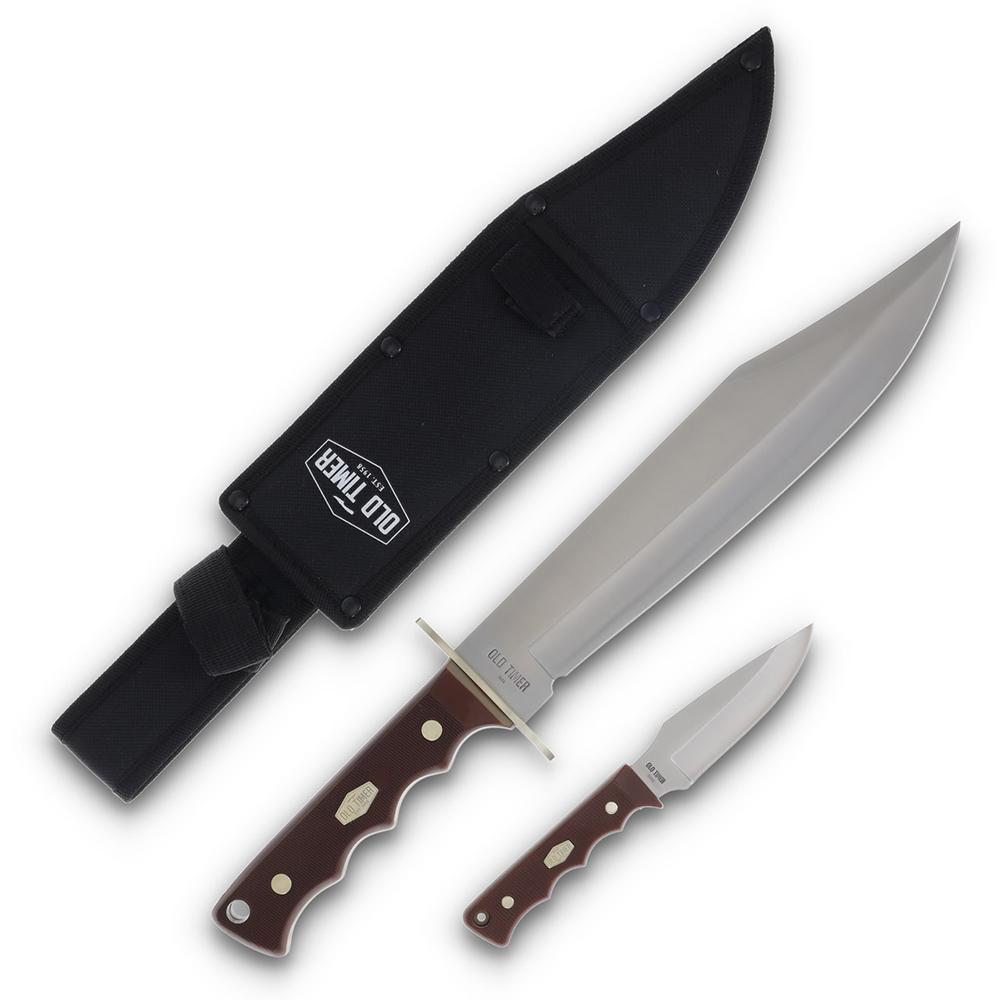 Old Timer Bowie Fixed Blade Combo 10" Bowie Blade 3-1/2" Skinner Blade Brown