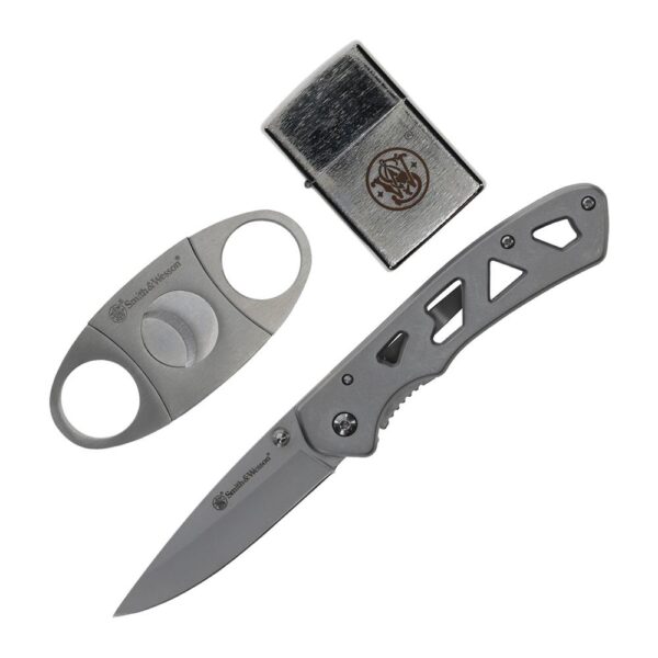 Smith & Wesson Folding Knife Cigar Cutter and Lighter Combo 3″ Drop Point Blade Silver