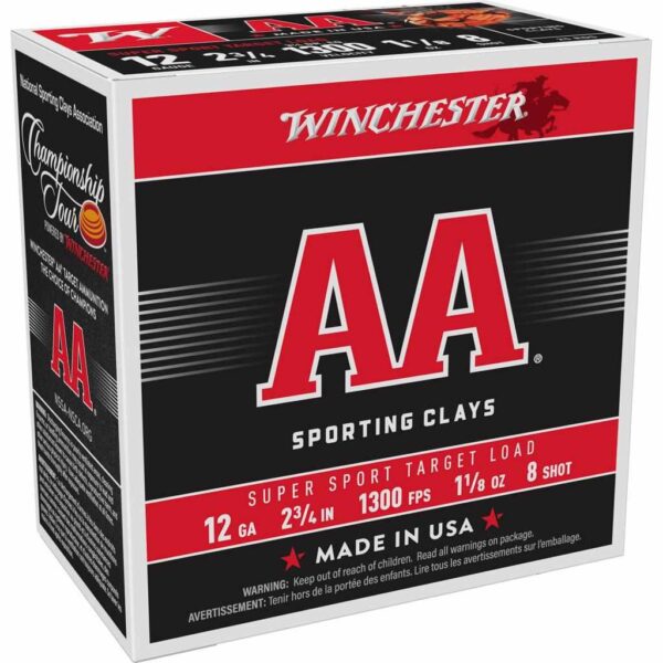 Winchester AA Super Sport 12 ga 2-3/4″ 3-1/4 dr 1-1/8 oz #8 1300 fps – 25/ct