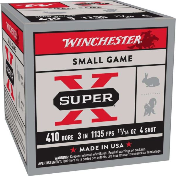 Winchester Super-X High-Brass Shotshells .410 ga 3″ MAX 11/16 oz 1135 fps #4 25/ct