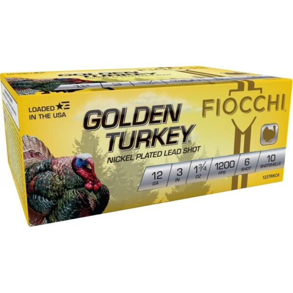 Fiocchi Golden Turkey Nickel Plated Shotshells 12ga 3″ 1-3/4oz 1200 fps #6 10/ct