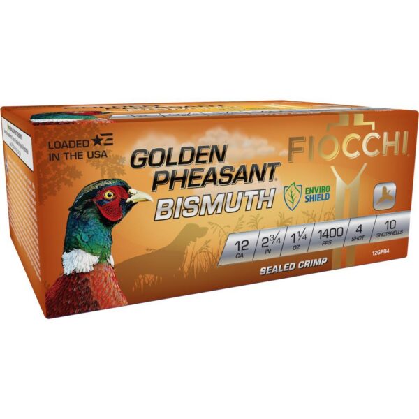 Fiocchi Golden Pheasant Bismuth Shotshells 12ga 2-3/4″ 1-1/4oz 1400 fps #4 10/ct