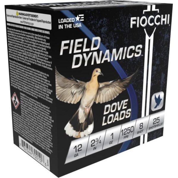 Fiocchi Field Dynamics Dove & Quail Shotshells 12ga 2-3/4″ 1oz 1250 fps #8 25/ct