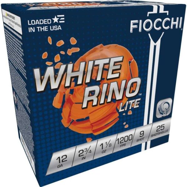 Fiocchi White Rino Lite Shotshells 12 ga 2-3/4″ 1-1/8oz 1200 fps #9 25/ct