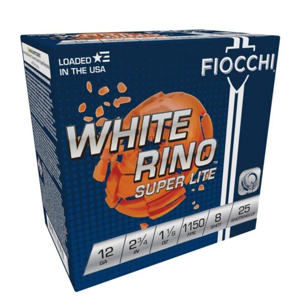 Fiocchi White Rino Super Lite Shotshells 12 ga 2-3/4″ 1-1/8oz 1150 fps #8 25/ct