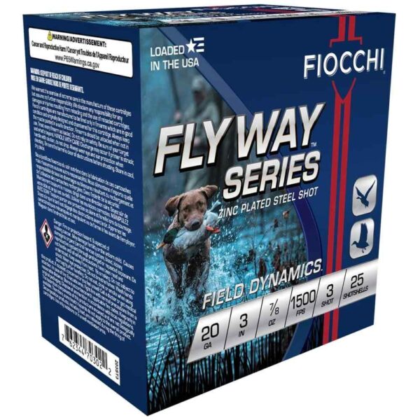 Fiocchi Flyway Steel Shotshells 20 ga 3″ 7/8oz 1500fps #3 25/ct