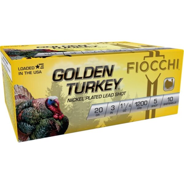 Fiocchi Golden Turkey Nickel plated Shotshells 20ga 3″ 1-1/4oz 1200 fps #5 10/ct