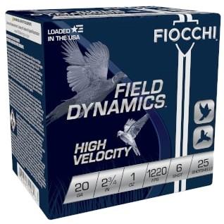 Fiocchi High-Velocity Hunting Load 20 ga 2 3/4″ 2 3/4 dr 1 oz #6 1220 fps 25/ct
