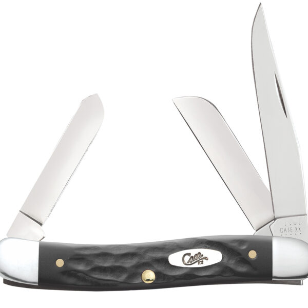 Case 18222 Stockman Medium Folding, 2.57″/1.88″/1.71″ Clip Point/Sheepsfoot/Spey Plain Mirror Polished Tru-Sharp SS Blade, Rough Black Jigged Synthetic Handle
