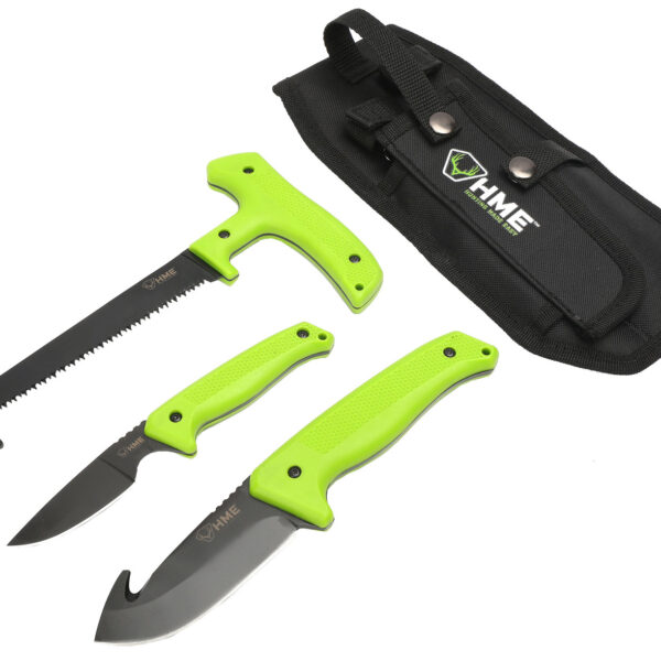 HME KN3PFK 3-Piece Field Kit Fixed 420HC Stainless Steel Black Oxide Thermoplastic Rubber Green 9.50″ Gut Hook/8.75″ Saw/7.50″ Caper