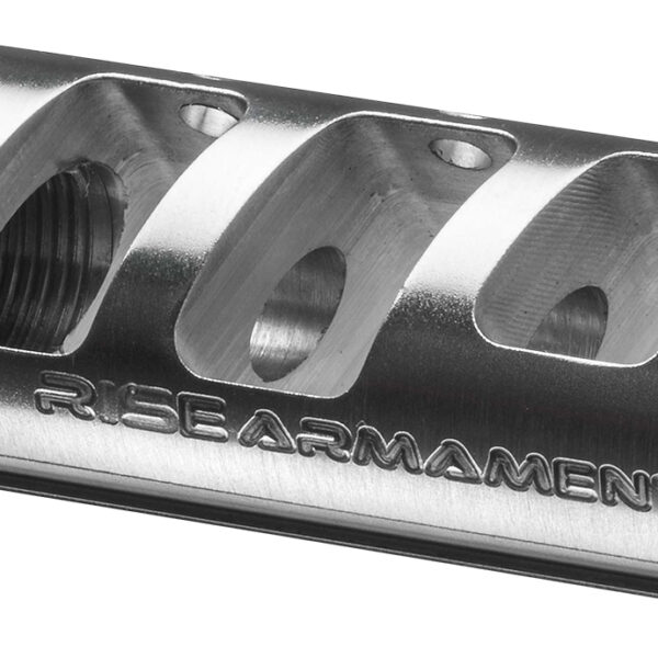 Rise Armament RA701223SLVR RA-701 Compensator Silver 416R Stainless Steel with 1/2″-28 tpi Threads & 2.50″ OAL for 5.56x45mm NATO AR-Platform