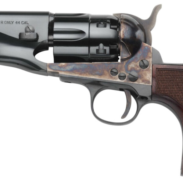 Taylors & Company 200017 1860 Army Snub Nose Pietta 44 Cal 6 Shot Percussion 3″ Blued Round Barrel, Blued Cylinder, Color Case Hardened Steel Frame, Checkered Walnut Birdshead Grip