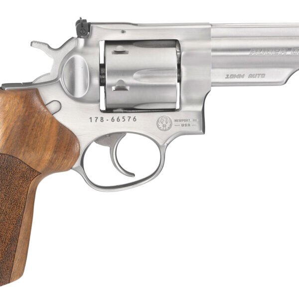 Ruger 1775 GP100 Match Champion 10mm Auto 6rd 4.20″ Satin Stainless Half-Lug Barrel, Cylinder & Frame, Hogue Stippled Hardwood Grip, Transfer Bar Safety