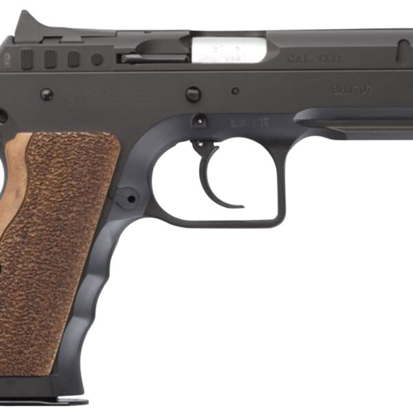 Tanfoglio IFG TFSTOCKI9 Defiant Stock I 9mm Luger Caliber with 4.50″ Barrel, 16+1 Capacity, Overall Black Finish Steel, Picatinny Rail/Beavertail Frame, Serrated Slide & Wood Grip