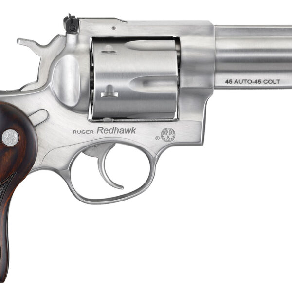 Ruger 5050 Redhawk  45 ACP/45 Long Colt 6rd, 4.20″ Satin Stainless Steel Barrel, Cylinder & Frame, Lasered Hardwood Grip, Exposed Hammer