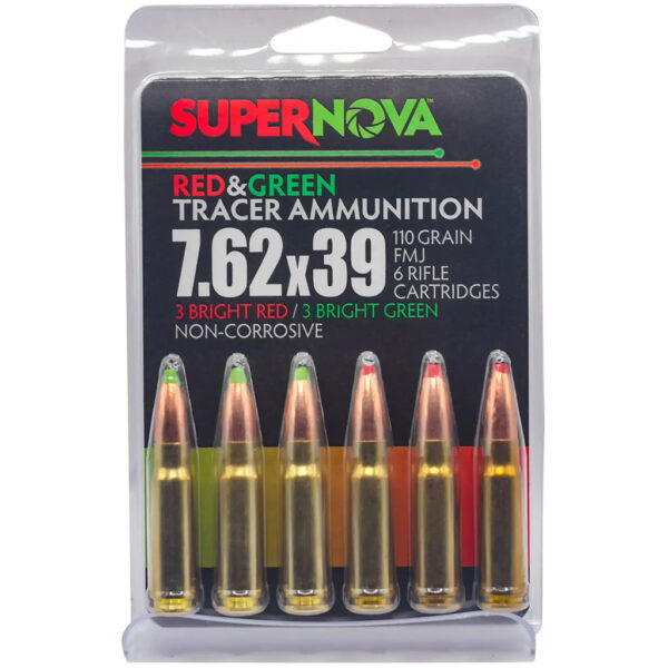 Supernova Tracer Rifle Ammunition 7.62×39 110 gr. FMJ Green & Red Tracer 6 rd.