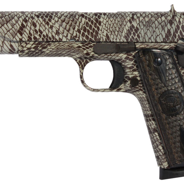 Iver Johnson Arms 1911A1COPPERHEAD 1911 A1 Copperhead 45 ACP 8+1 5″ Black Steel Barrel, Tan Snakeskin Hydrographic Serrated Steel Slide & Frame w/Beavertail, Black Snakeskin Diamondwood Grip