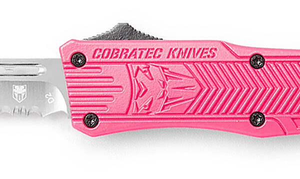 CobraTec Knives SPKCTK1SDS CTK-1  Small 2.75″ OTF Drop Point Part Serrated D2 Steel Blade/ Pink Aluminum Handle Features Glass Breaker Includes Pocket Clip