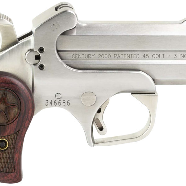 Bond Arms BAC2K Century 2000 45 Colt (LC)/410 Gauge 2rd 3.50″  Stainless Steel Double Barrel & Frame, Auto Extractor & Rebounding Hammer, Blade Front/Fixed Rear Sights, Rosewood Grip, Manual Safety