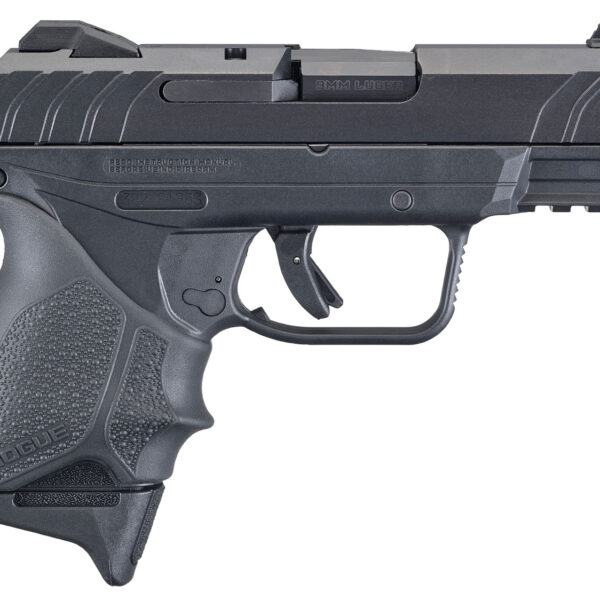 Ruger 3829 Security-9 Compact 9mm Luger  3.42″ Barrel 10+1, Black Nylon Grip Frame With Picatinny Acc. Rail, Black Oxide Steel Slide, Hogue Beavertail HandALL Grip Sleeve, Manual Safety