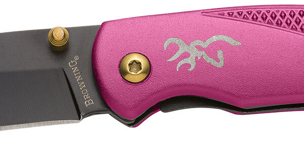 Browning 3220343 Prism 3  EDC Folding 2.38″ Plain Black Oxide 7Cr17MoV SS Blade, Plum w/Brass Accents & Logo Anodized Aluminum Handle, Includes Pocket Clip