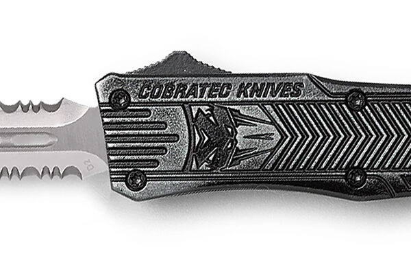 CobraTec Knives SSWCTK1SDAG2SS CTK-1  2.75″ OTF Part Serrated D2 Steel Blade/Stonewashed Aluminum Handle Features Glass Breaker Includes Pocket Clip
