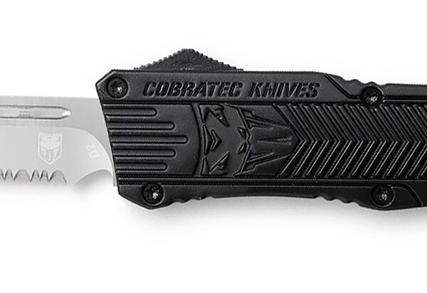 CobraTec Knives LBCTK1LDS CTK-1  Large 3.75″ OTF Drop Point Part Serrated D2 Steel Blade/ Black Aluminum Handle Features Glass Breaker Includes Pocket Clip