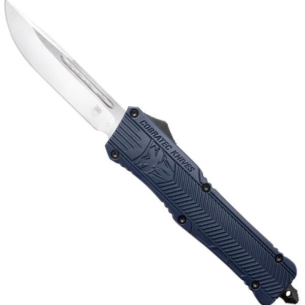 CobraTec Knives LNYCCTK1LDNS CTK-1  Large 3.75″ OTF Drop Point Plain D2 Steel Blade/NYPD Blue Aluminum Handle Features Glass Breaker Includes Pocket Clip