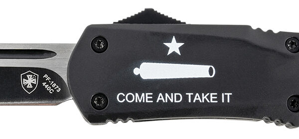 Templar Knife LCATI331 Gen II Come And Take It Large 3.50″ OTF Drop Point Plain Black Oxide Stonewashed 440C SS Blade, 5.25″ Black “Come And Take It” Aluminum Handle, Glass Breaker