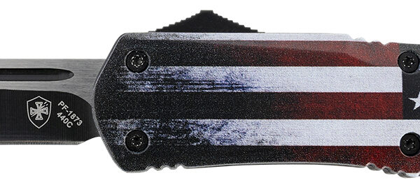 Templar Knife LUS331 Gen II US Flag Large 3.50″ OTF Drop Point Plain Black Oxide Stonewashed 440C SS Blade, 5.25″ US Flag Aluminum Handle, Glass Breaker