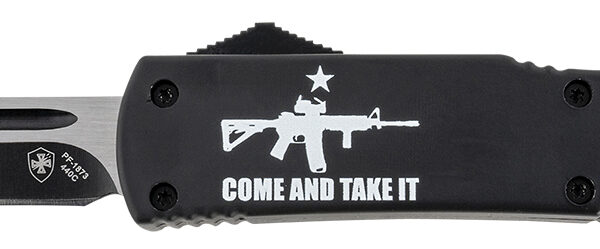 Templar Knife MAR15231 Gen II Come And Take It Slim 3.43″ OTF Tanto Plain Black Oxide Stonewashed 440C SS Blade, 5.05″ Black w/ “Come And Take It” AR-15 Gun Aluminum Handle, Glass Breaker