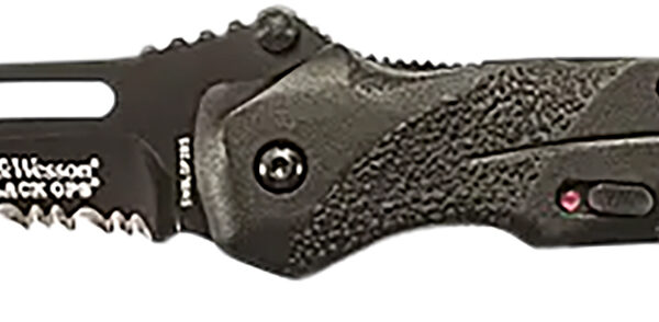 Smith & Wesson Knives SWBLOP2BSCP Black Ops  3.40″ Folding Drop Point Part Serrated 4034 SS Blade Black Includes Pocket Clip