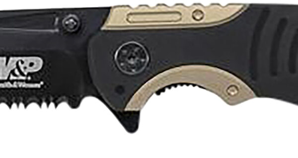Smith & Wesson Knives SWP13BSCP M&P  3.50″ Folding Drop Point Part Serrated Stonewashed 8Cr13MoV SS Blade/Black & Tan Aluminum Handle Includes Pocket Clip