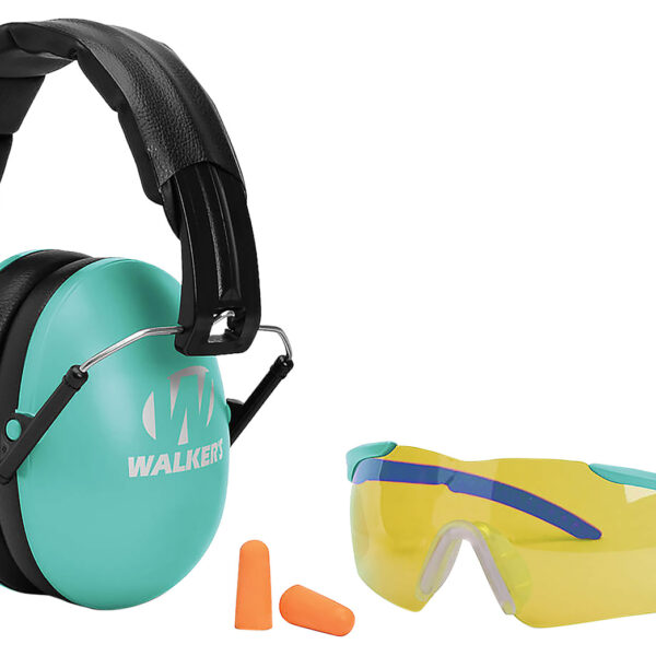 Walker’s GWPYWFM2GFPLTL Folding Muff Combo 23 dB Over the Head Folding Muff, Foam Ear Plugs, Shooting Glasses Black/Teal Polymer Fits Youth/Women