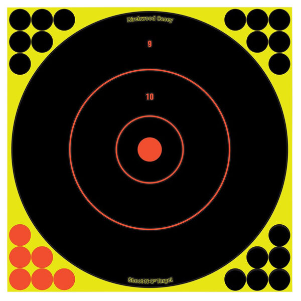 Birchwood Casey 34050 Shoot-N-C Reactive Target Self-Adhesive Paper Black/Yellow/Red 12″ Bullseye 50 Pack