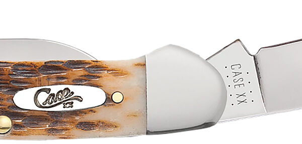Case 00263 Canoe 2.60″/1.97″ Folding Spear/Pen Plain Mirror Polished Chrome Vanadium Steel Blade/Peach Seed Jigged Amber Bone Handle