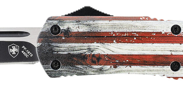 Templar Knife LWUS331 Gen II Wood US Flag Large 3.50″ OTF Drop Point Plain Black Oxide Stonewashed 440C SS Blade, 5.25″ Painted Wood Grain US Flag Aluminum Handle, Glass Breaker