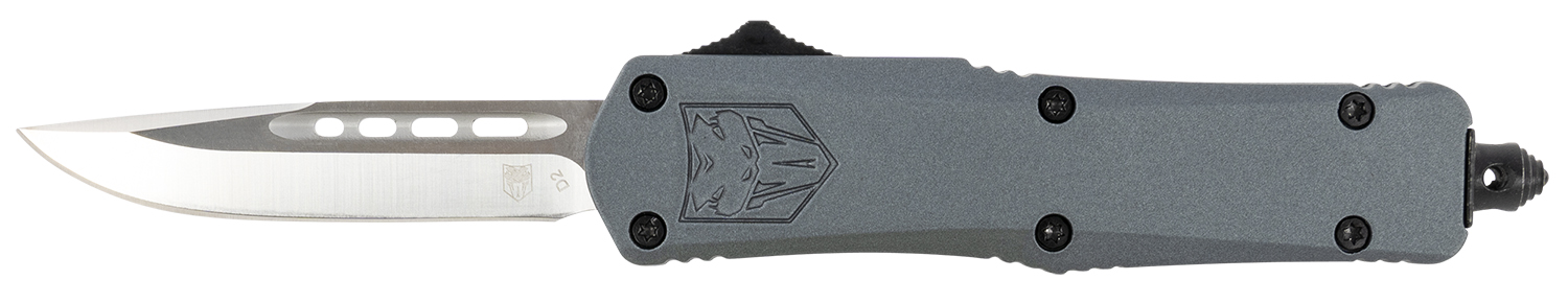 CobraTec Knives SGYFS3DNS FS-3 Small 2.75" OTF Plain D2 Steel Blade/Gray Aluminum Handle Features Glass Breaker Includes Pocket Clip