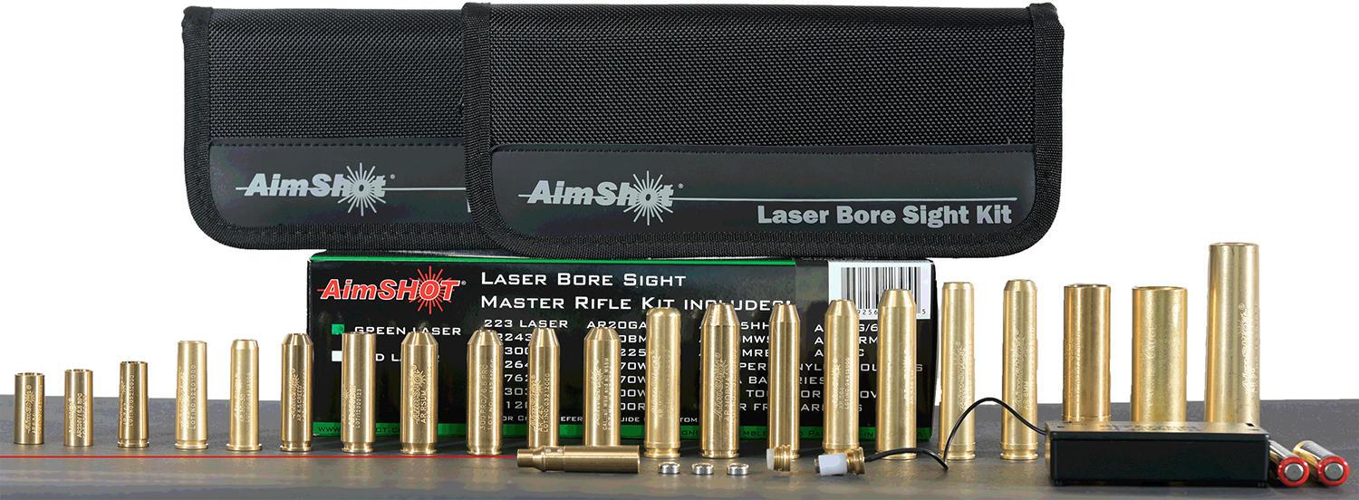 AimShot Master Kit Multi-Caliber Bore Sight with Red 650nM Laser, Uses L736 Button Cell Batteries & 2 AAA Batteries for Battery Pack for Rifles (Batteries Not Included)